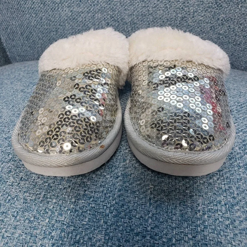 Kids Silver Sequin‎ Slippers Fuzzy Cozy House Shoes Sparkly Girls